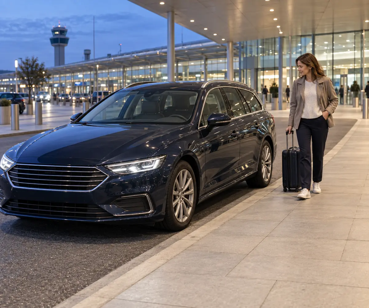 Traveller with luggage beside a dark estate car parked at an airport pickup kerb.