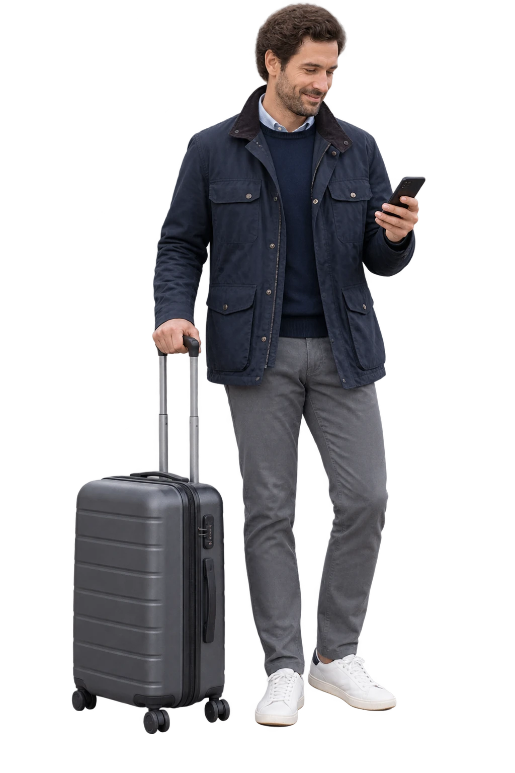 Man in a navy jacket checking a phone beside a graphite wheeled suitcase