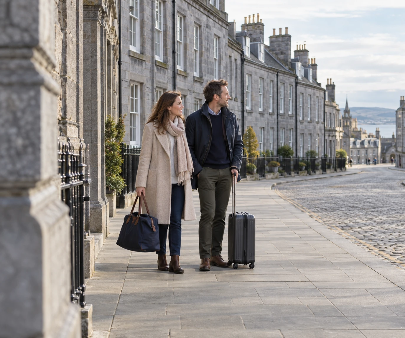 Two travellers with luggage on a wide pavement beside grey granite buildings