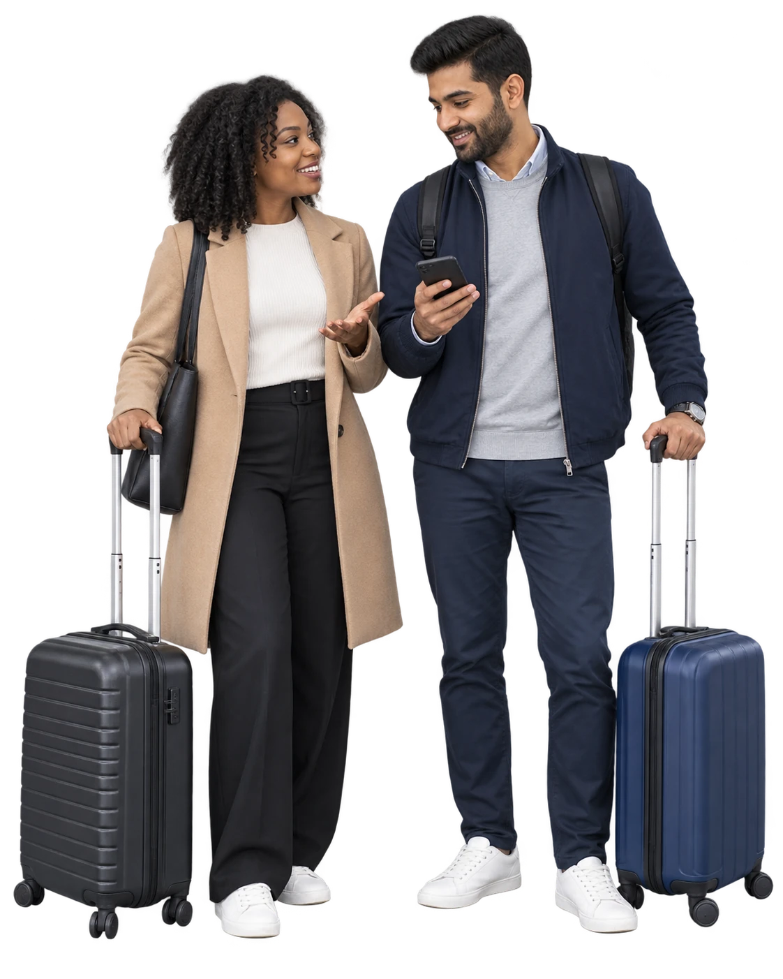 Two travellers talking beside black and navy wheeled suitcases