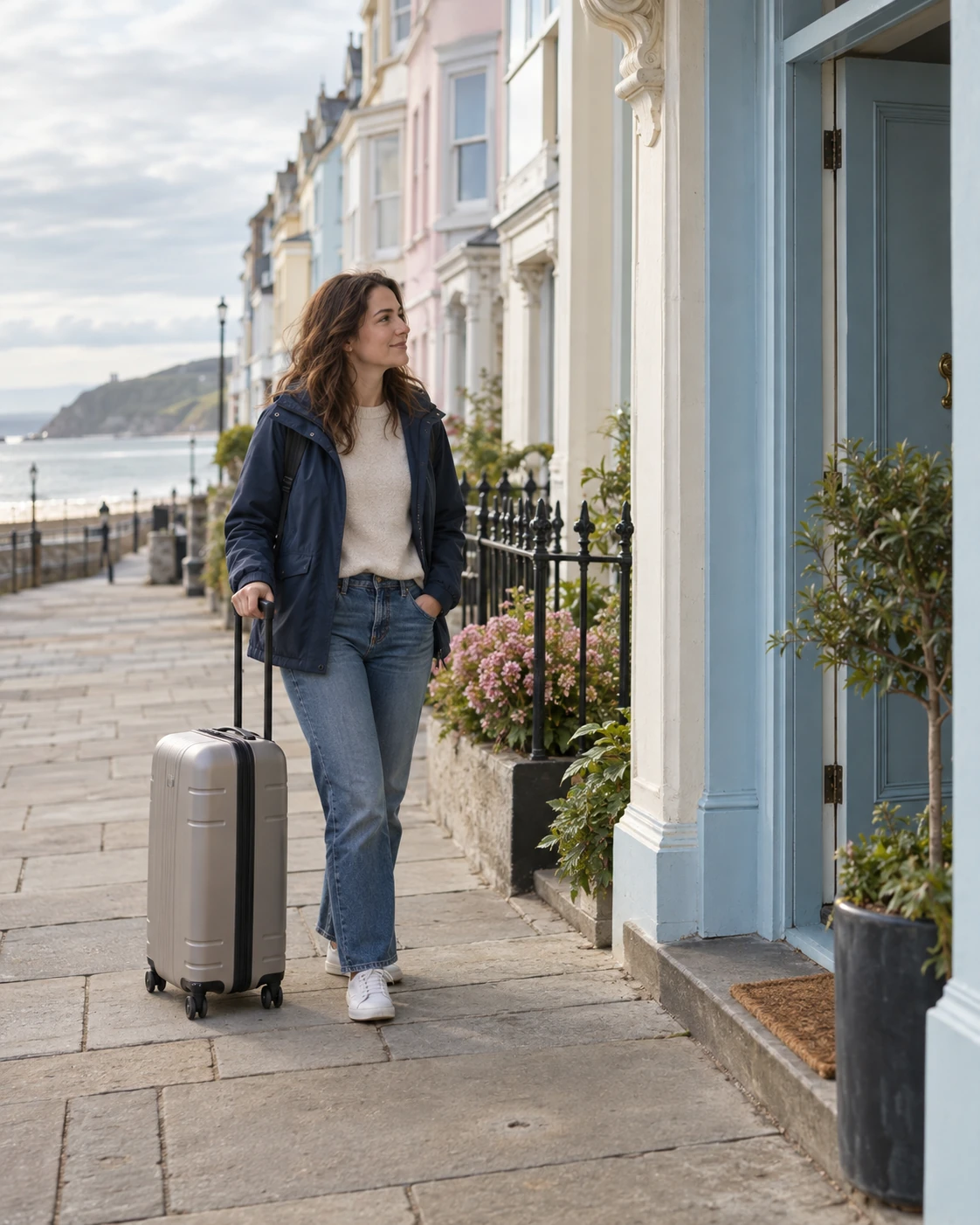 Traveller with a suitcase beside a pale blue guesthouse entrance near the seafront