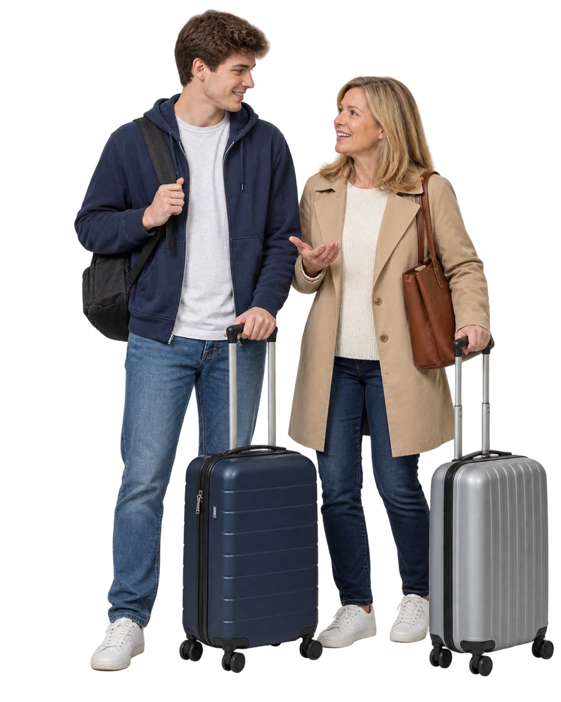 Young man and woman talking beside navy and silver suitcases
