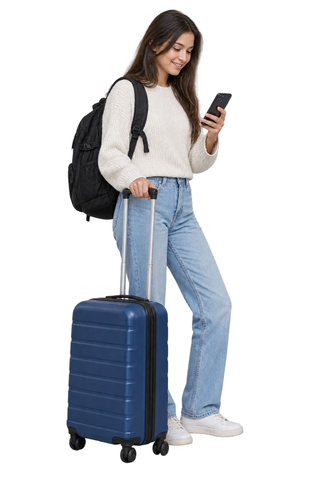 Young woman with a backpack checking her phone beside a blue wheeled suitcase