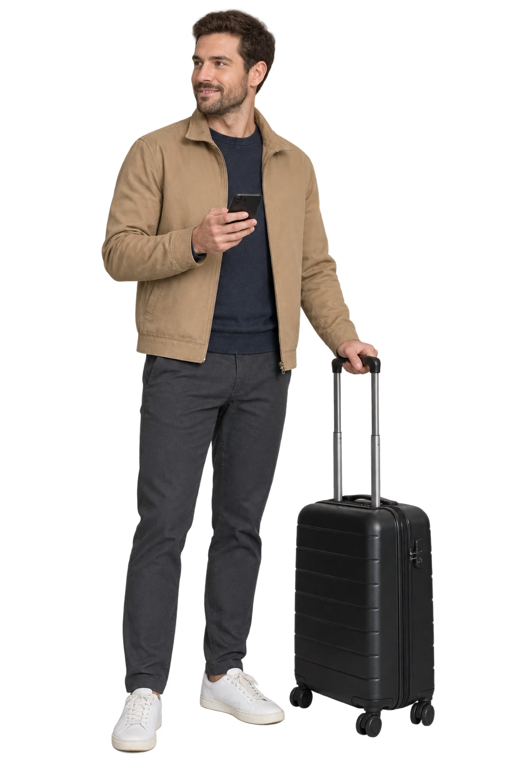 Man in a tan jacket holding a phone beside a black wheeled suitcase