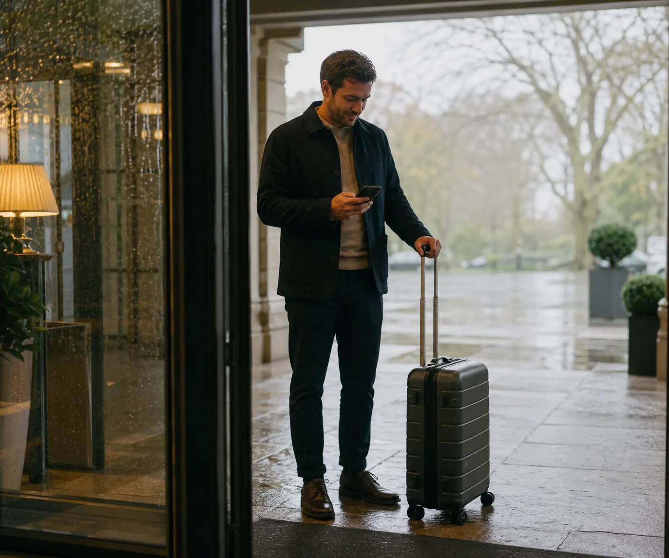 Traveller checking a phone beside luggage in a hotel lobby