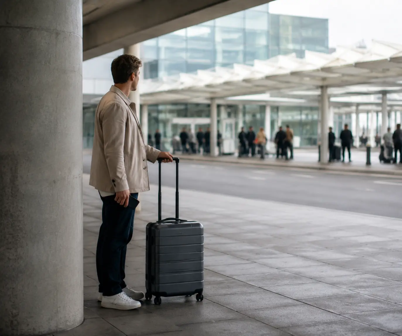 Traveller with luggage waiting beside an airport frontage