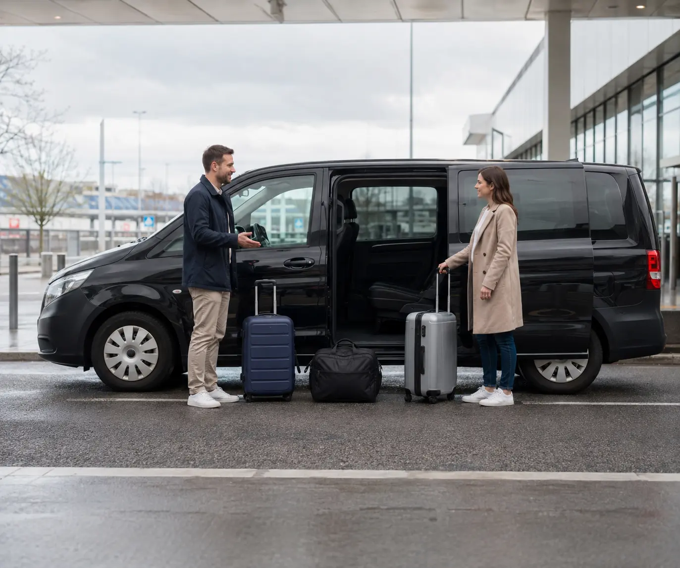 Two travellers beside a parked people carrier and luggage