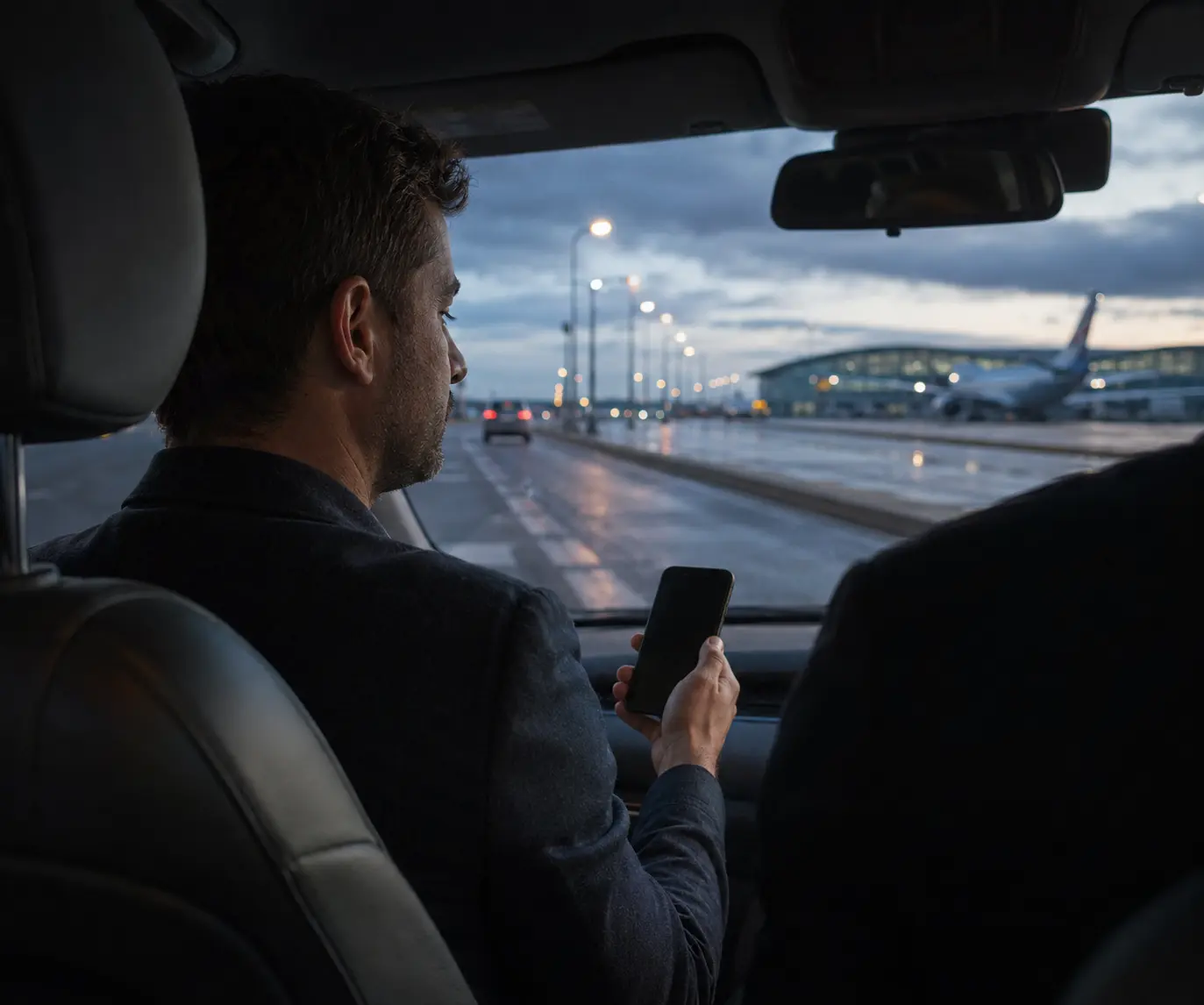 Passenger checks route details during a journey towards an airport