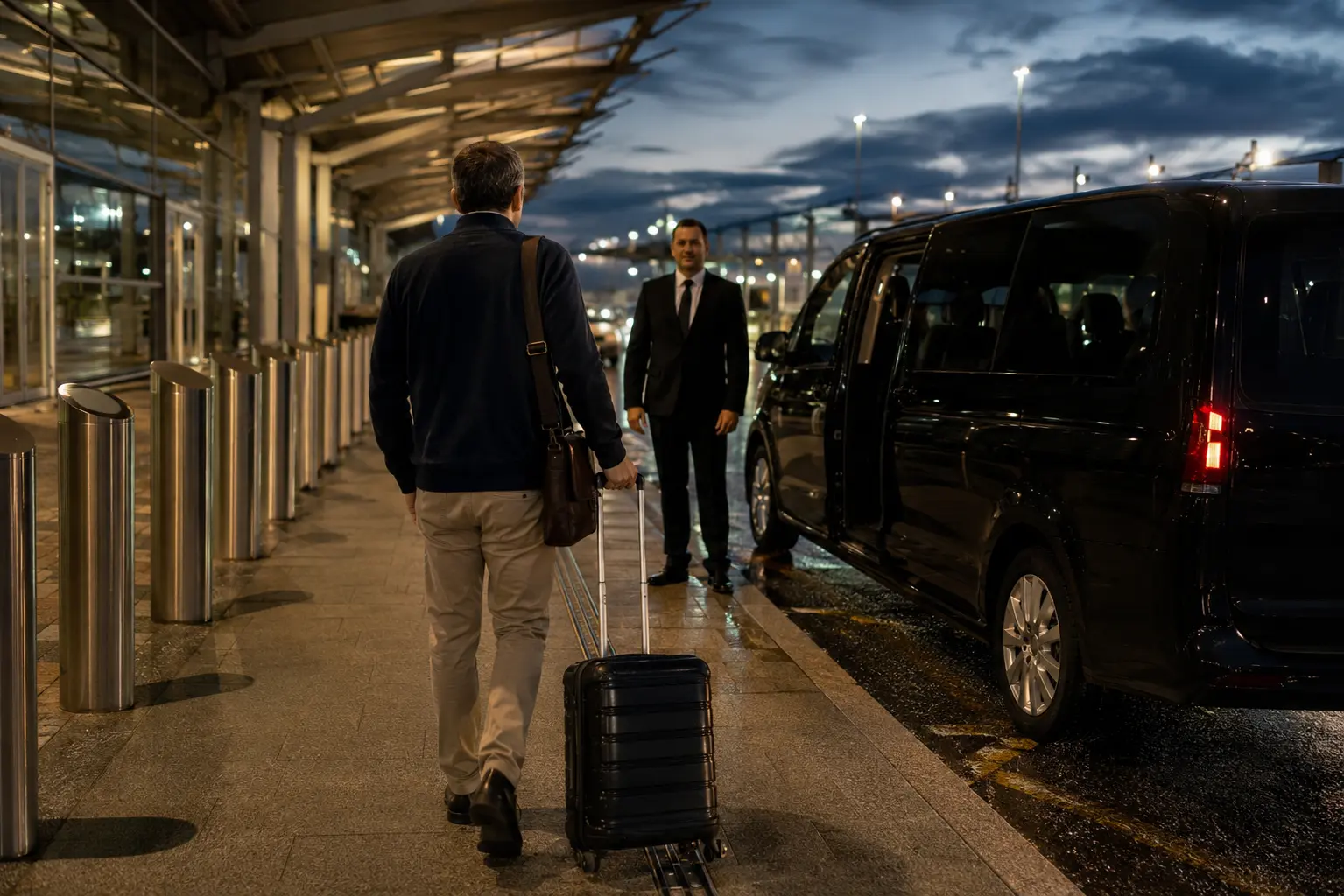 Traveller approaching a waiting airport transfer vehicle outside a terminal