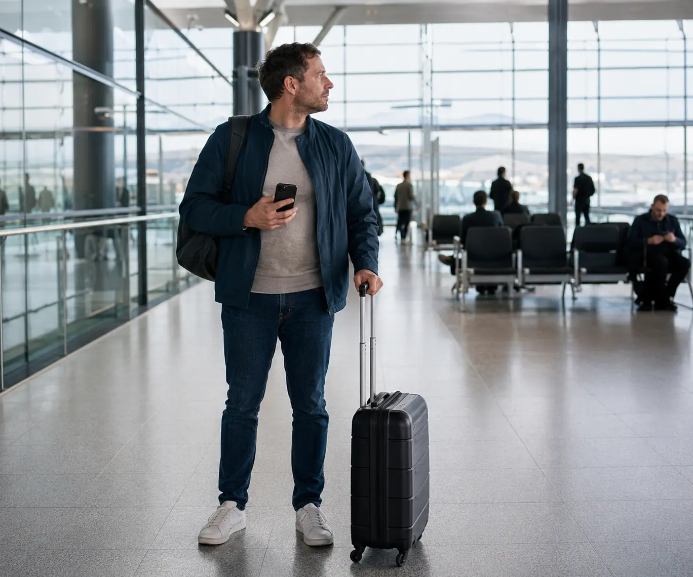 Traveller standing with a suitcase and phone in a quiet glass-walled airport terminal