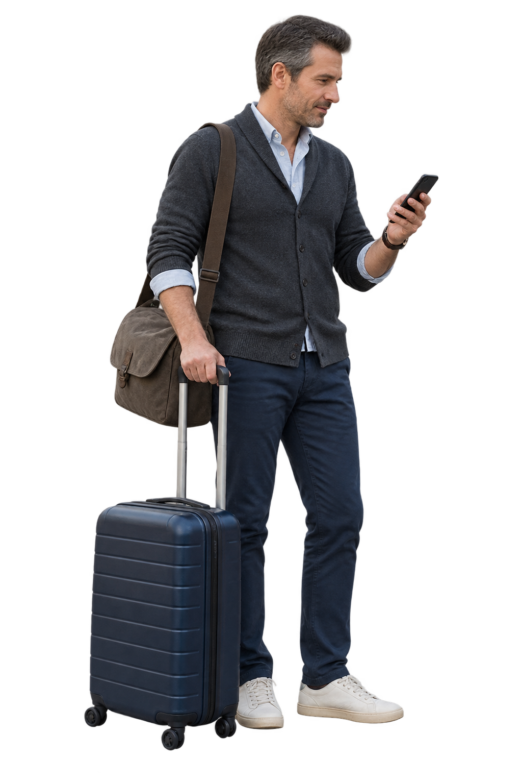 Man with a shoulder bag checking his phone beside a navy suitcase.