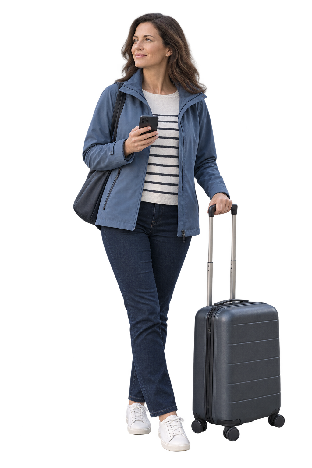 Woman in a blue jacket holding a phone beside a graphite suitcase.