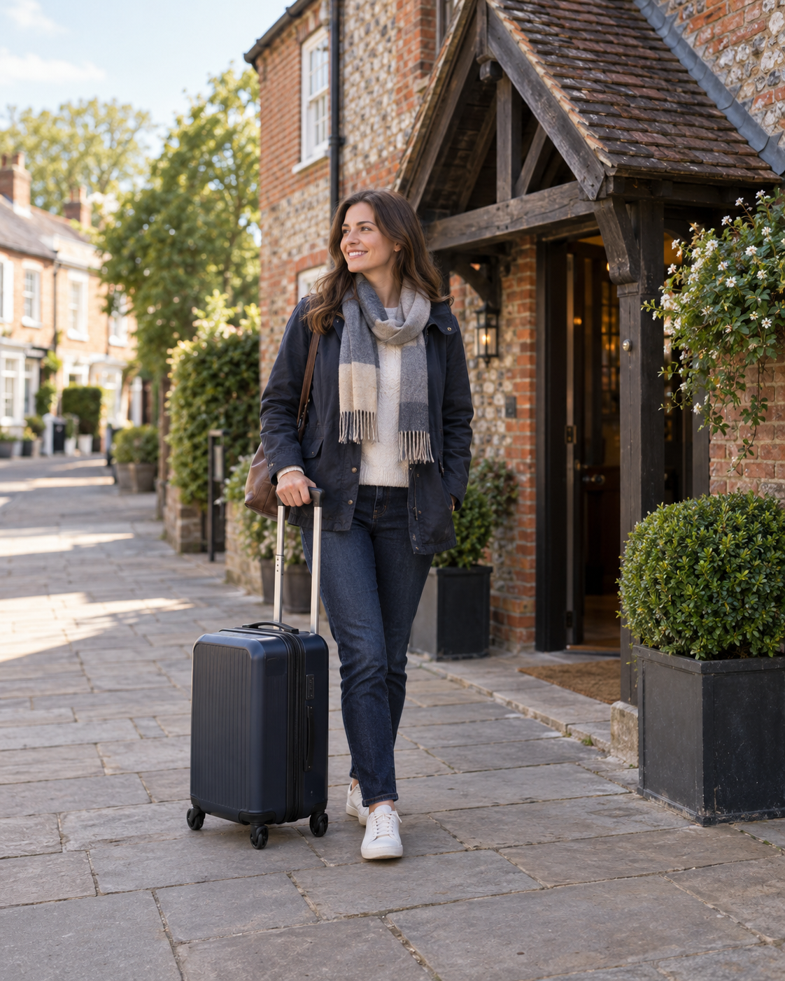Traveller with a suitcase outside a brick and flint entrance on a quiet market-town pavement.