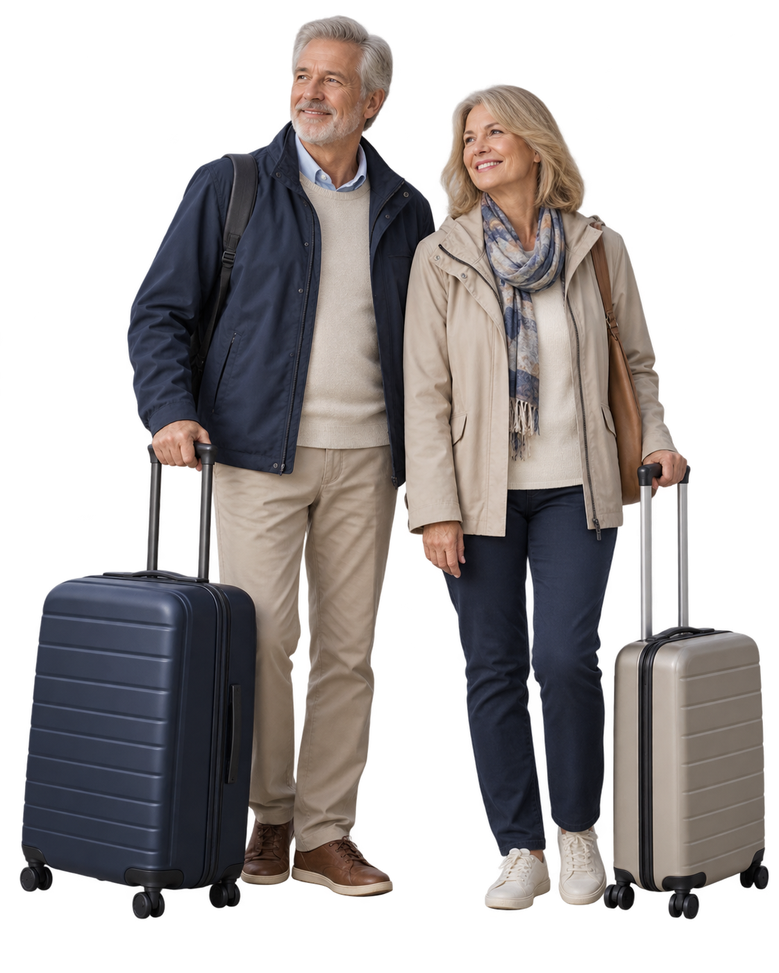 Older couple in navy and beige jackets standing with two suitcases.
