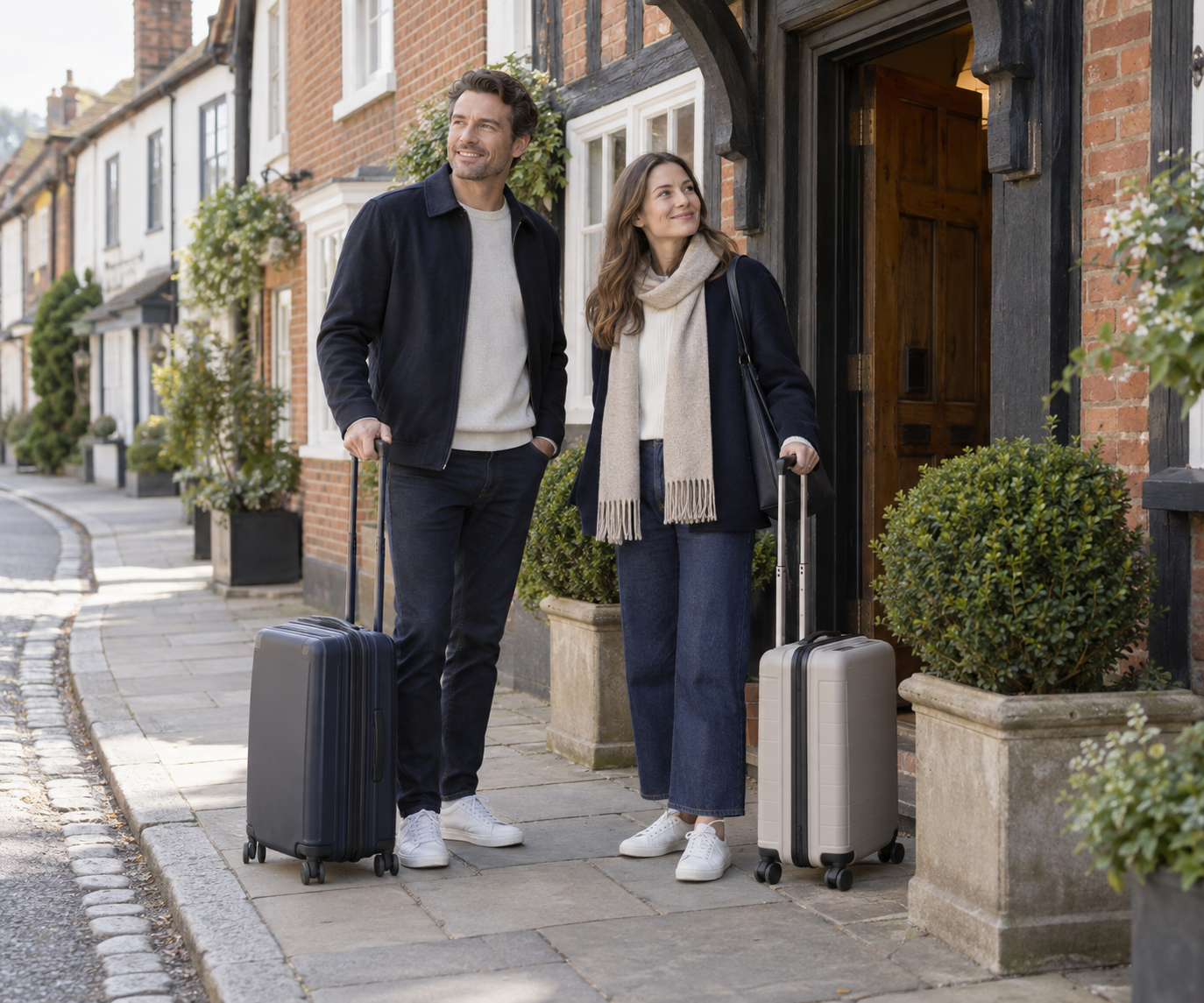 Two travellers with suitcases beside a timber-framed brick entrance on a quiet street.