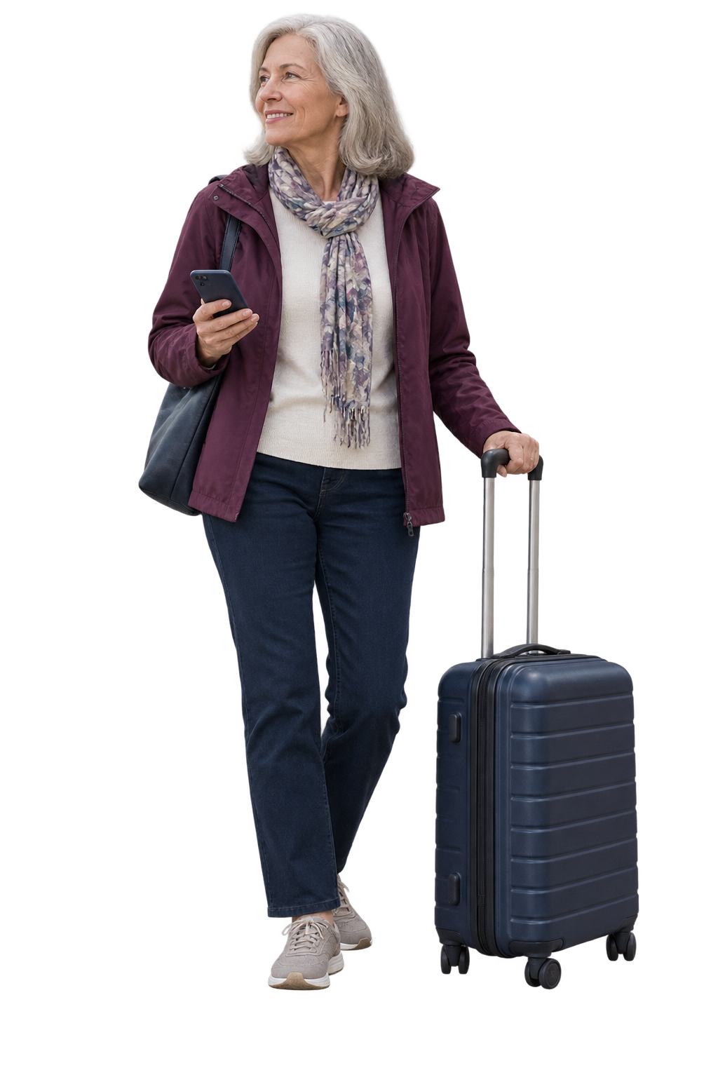 Older woman in a plum jacket holding a phone beside a navy suitcase.