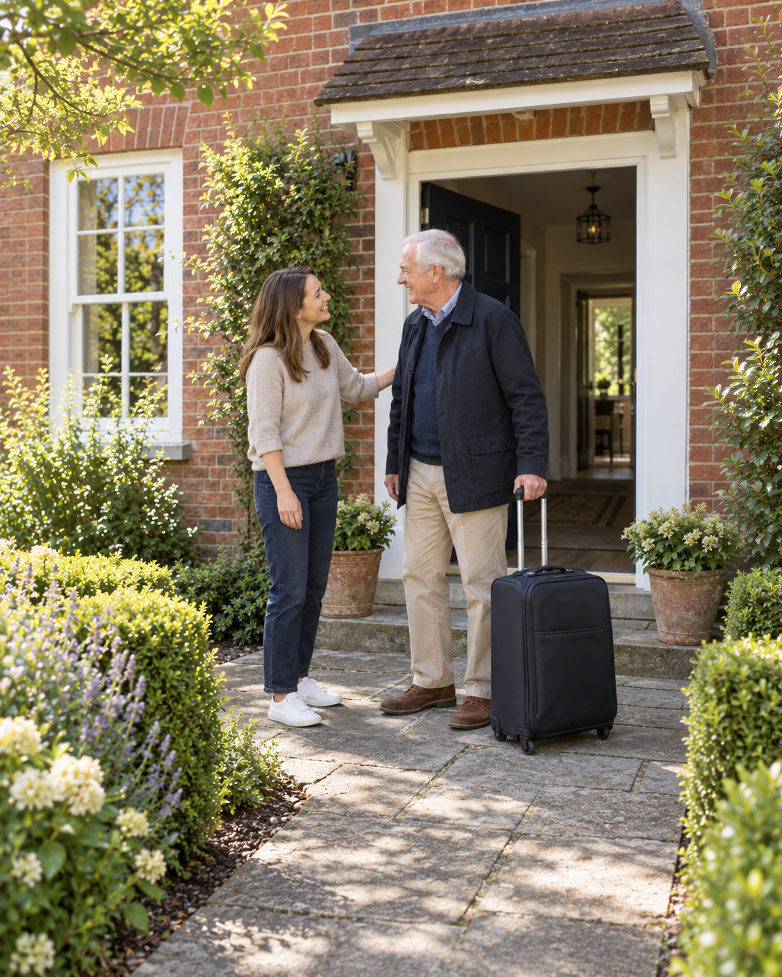 Woman welcoming an older traveller with a suitcase outside a brick house.