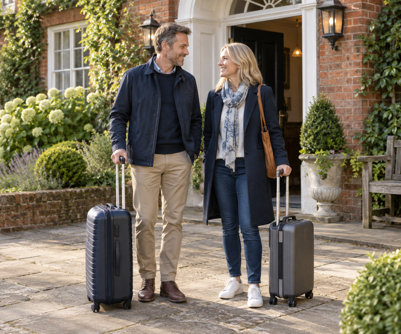Couple with suitcases outside a leafy brick guesthouse entrance.