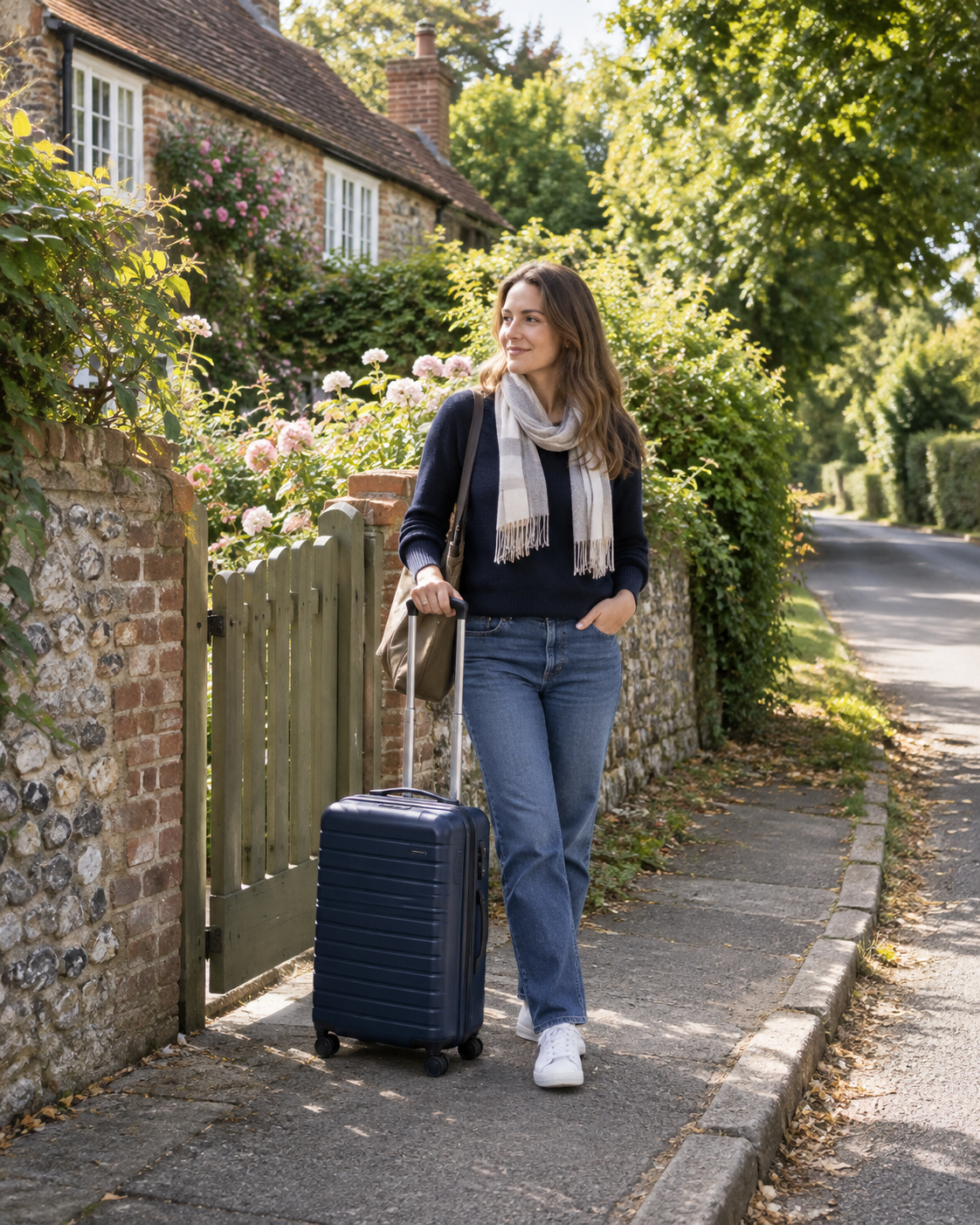 Traveller with a navy suitcase beside a cottage gate and flint wall.