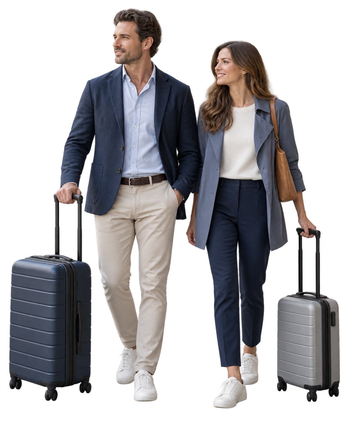 Smartly dressed couple in navy and slate jackets standing with two suitcases.