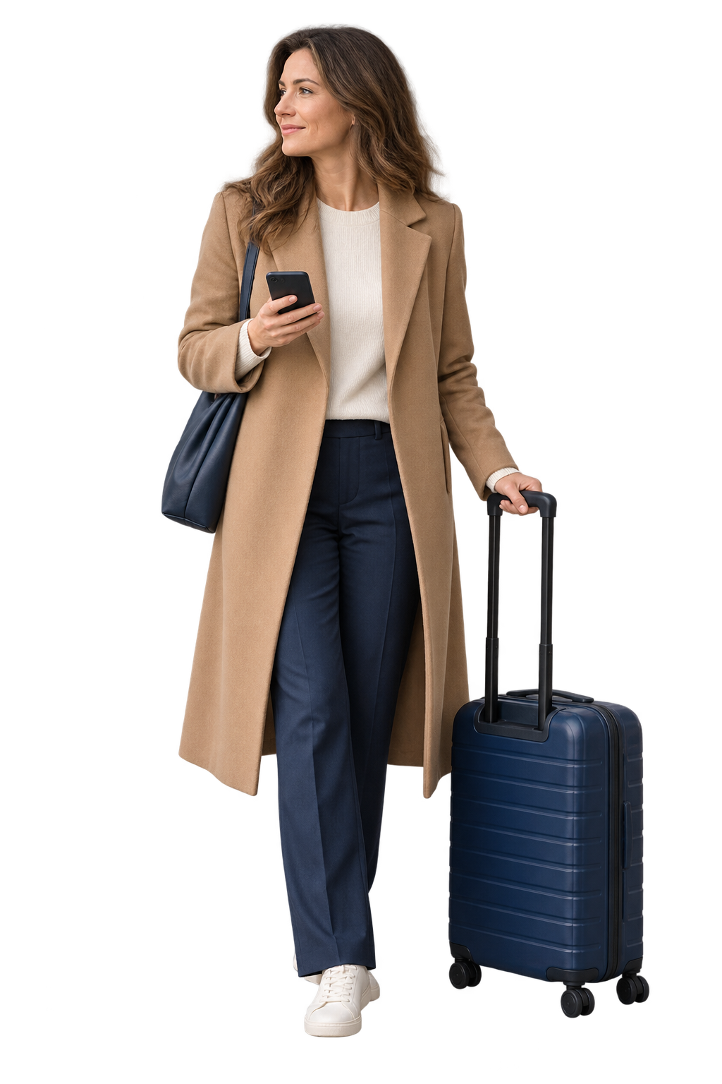 Woman in a camel coat holding a phone beside a navy suitcase.