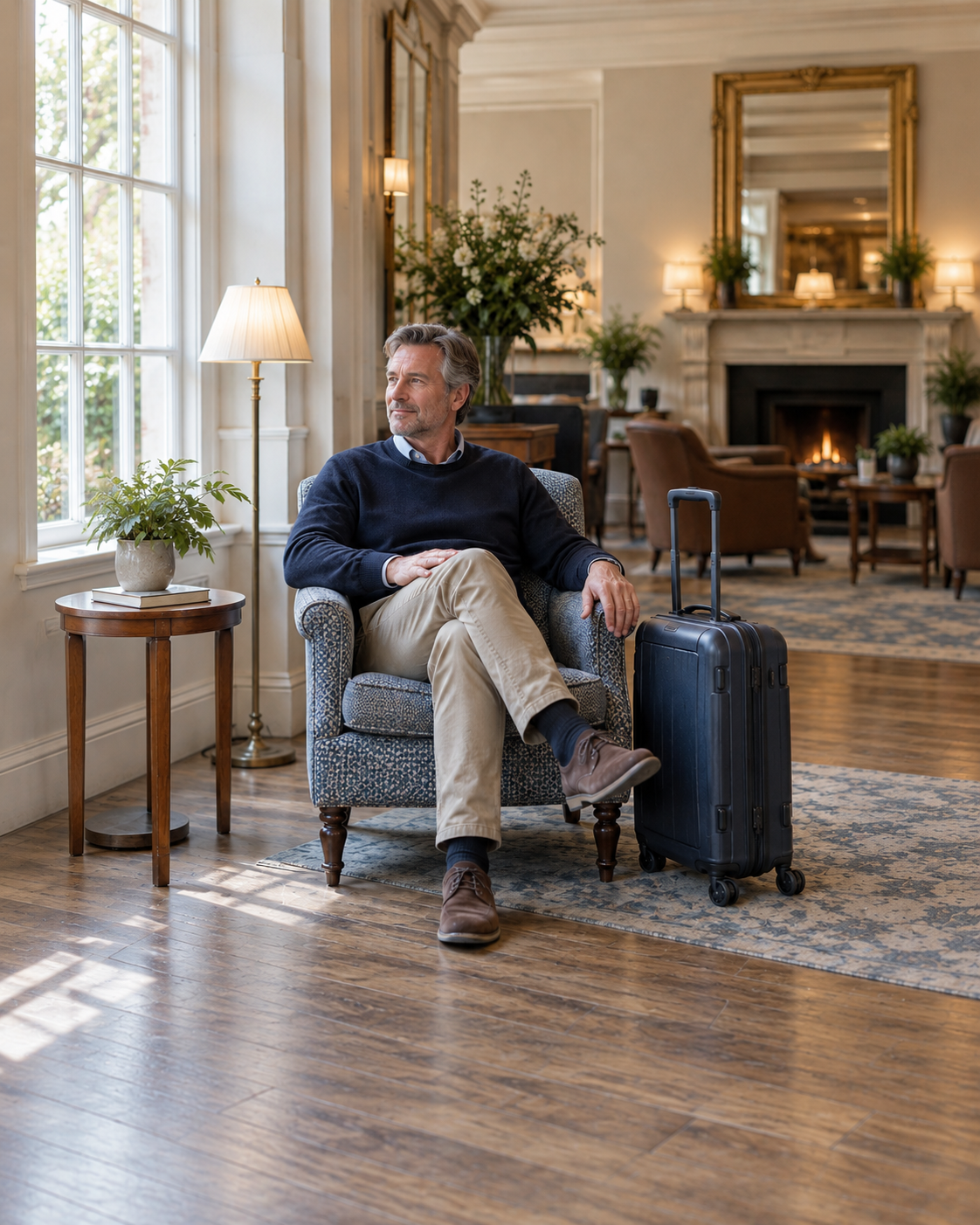 Man seated in an upholstered hotel lobby chair beside his suitcase.