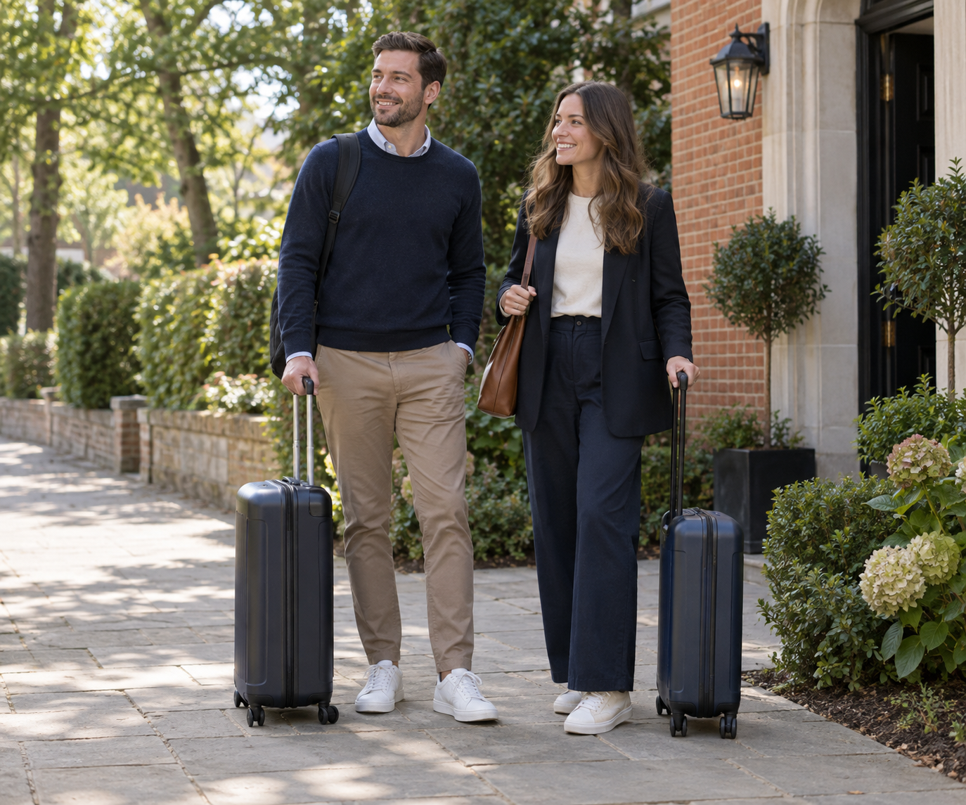 Two travellers with suitcases on a broad footpath outside a leafy brick entrance.