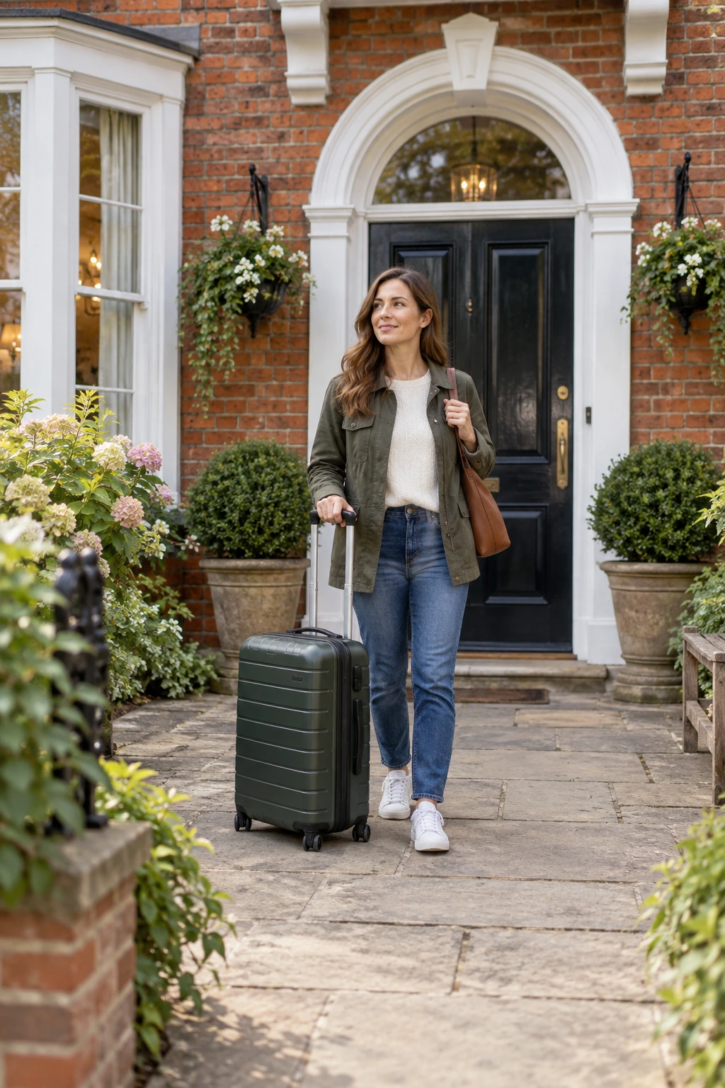 A traveller arriving at a Kent brick guesthouse