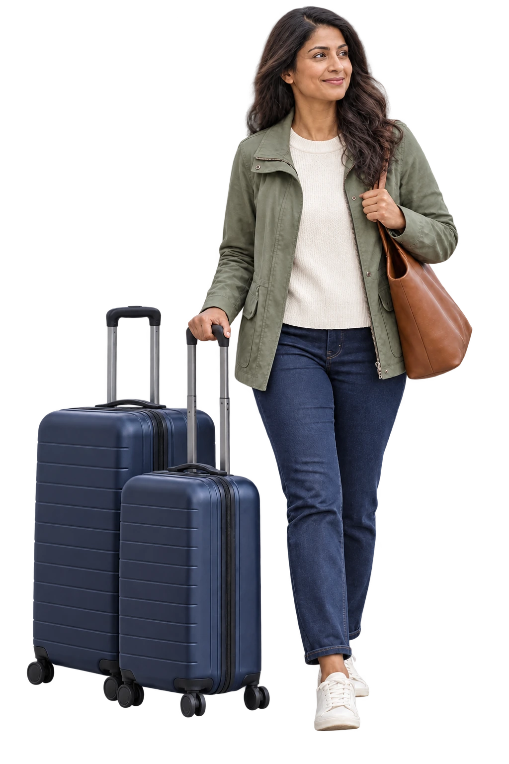 A traveller in a sage jacket beside two navy suitcases
