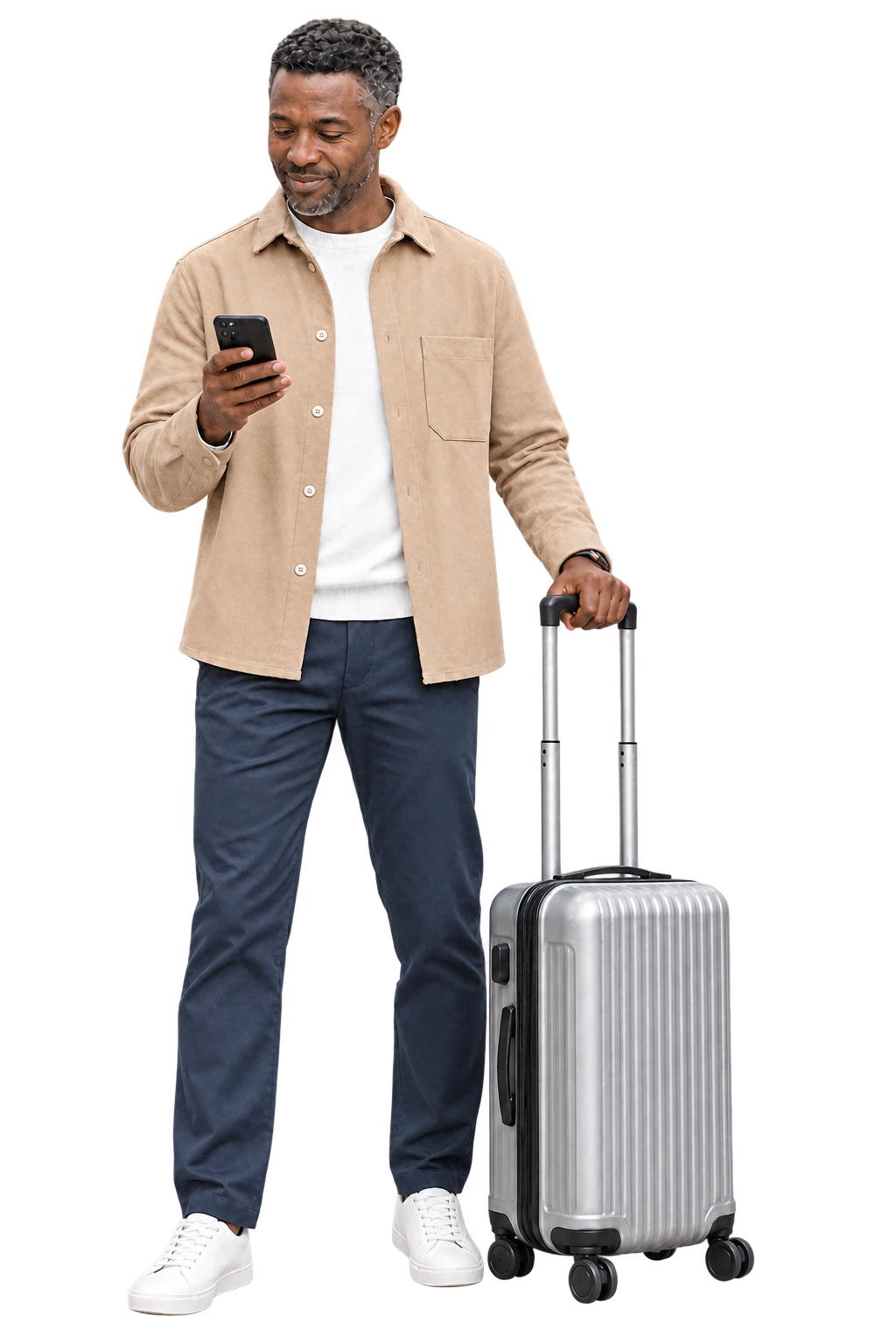 A traveller in a tan overshirt checking a phone beside a silver suitcase