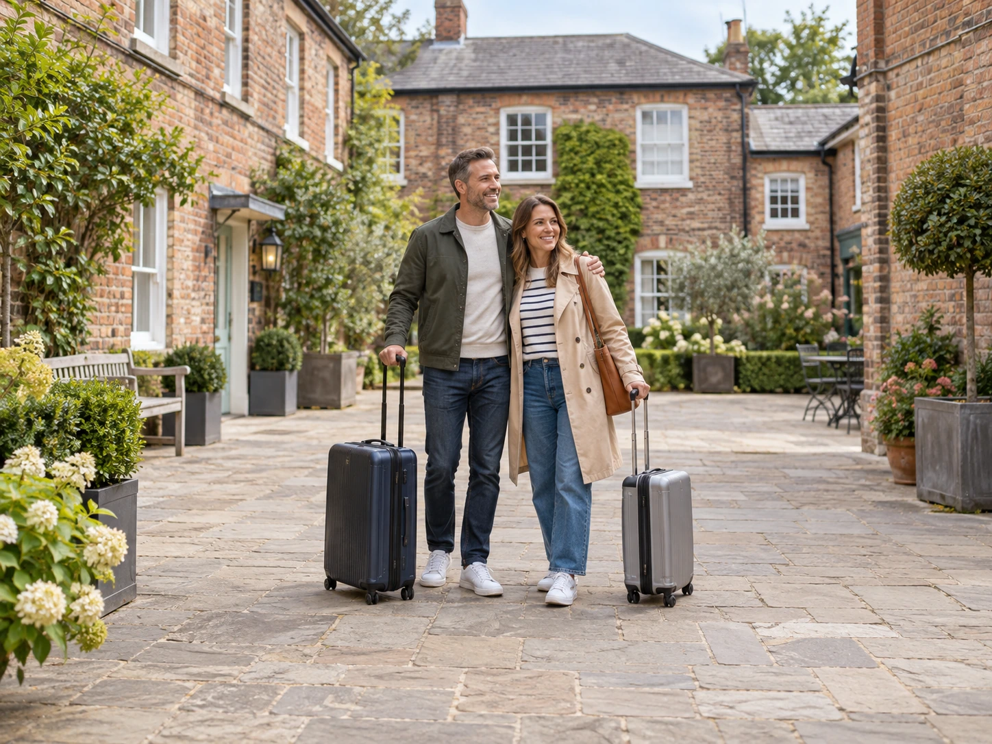 A couple with suitcases in a Kent brick courtyard