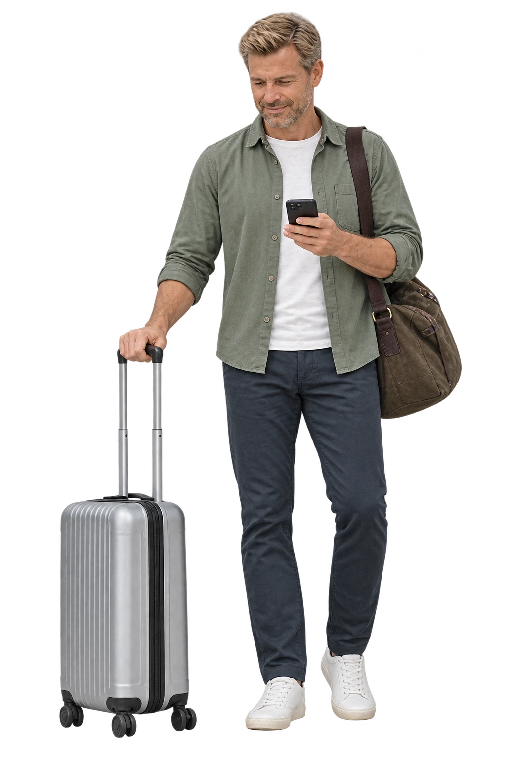 A traveller checking a phone with a shoulder bag and silver suitcase