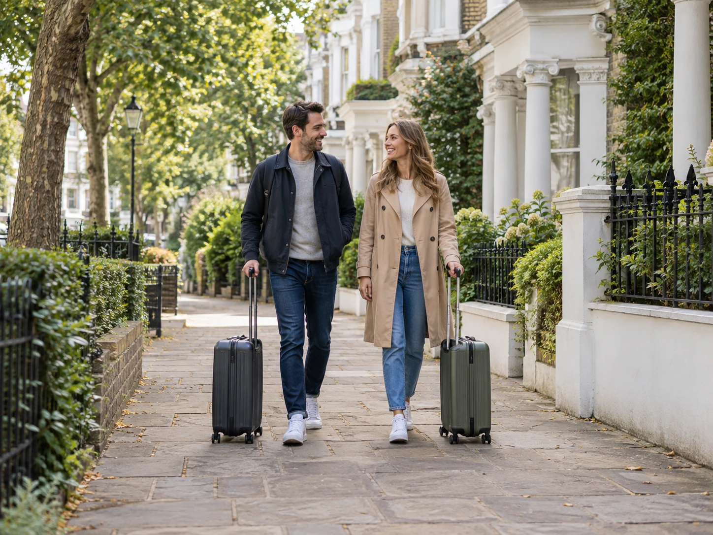 Two travellers with cases on a London residential pavement