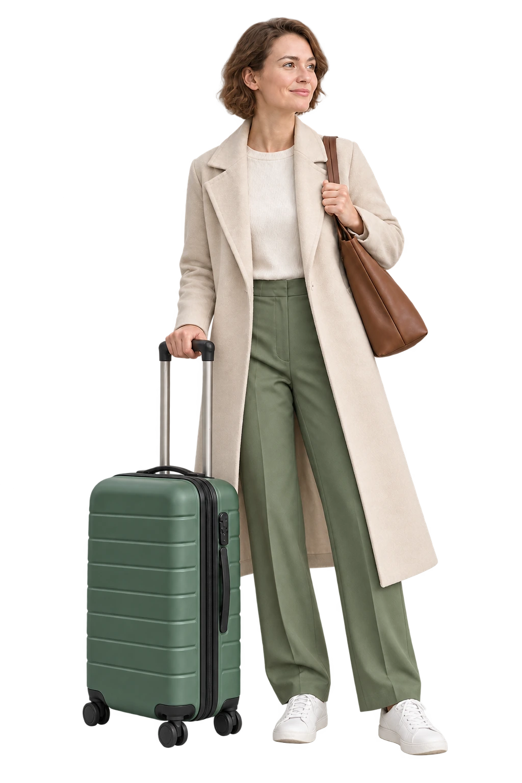 A traveller in a cream coat beside a green suitcase