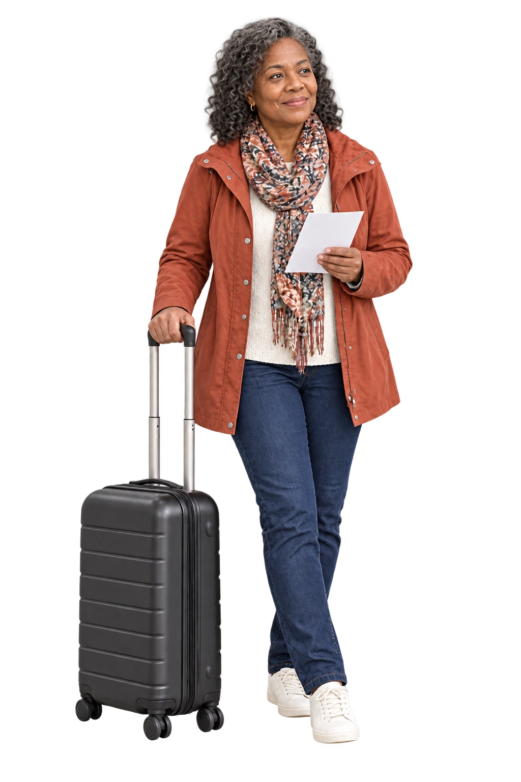 A traveller in a rust jacket holding a booking sheet beside a black suitcase