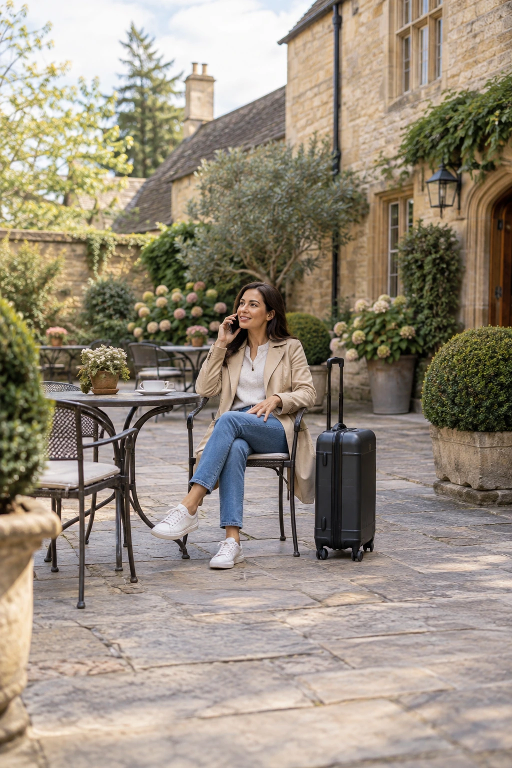 A seated traveller making a phone call beside her luggage