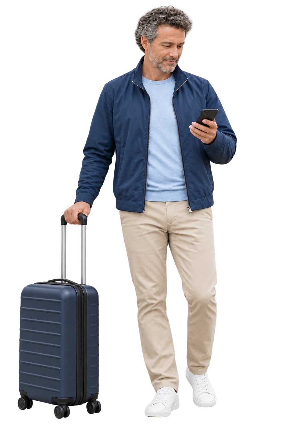 A visitor checking a phone beside a navy suitcase