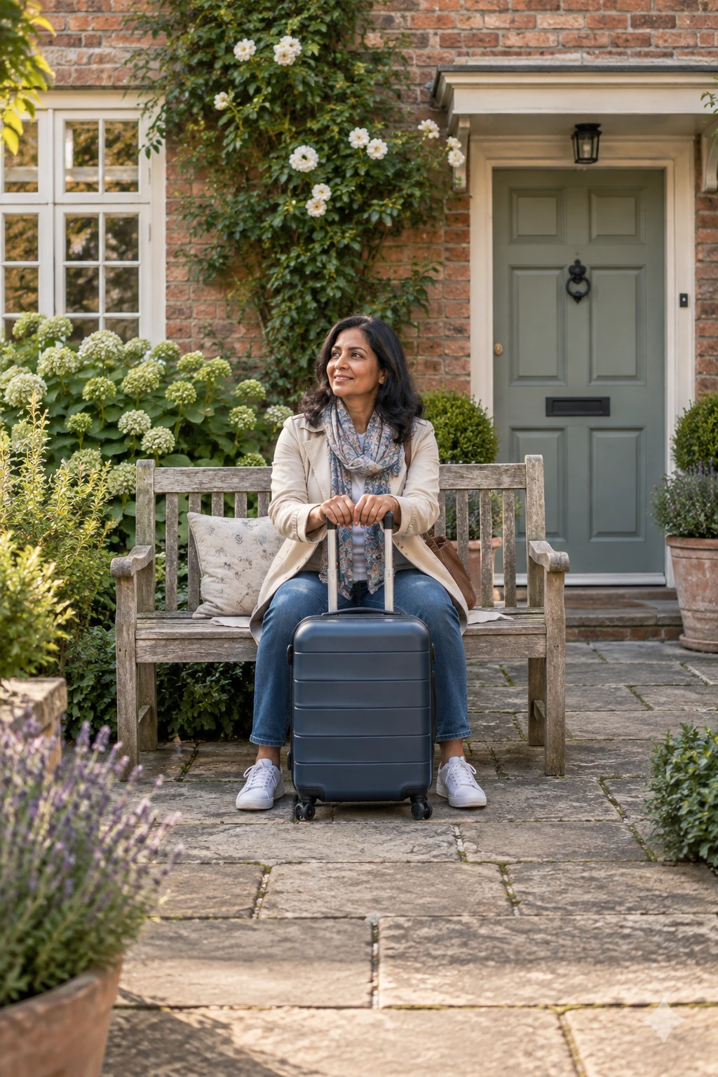 A traveller seated outside a brick home with luggage