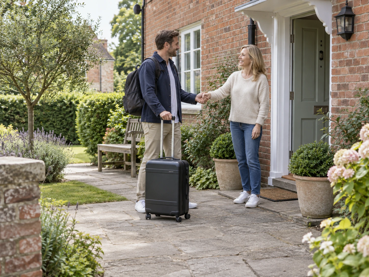 Two adults greeting in a front garden beside luggage