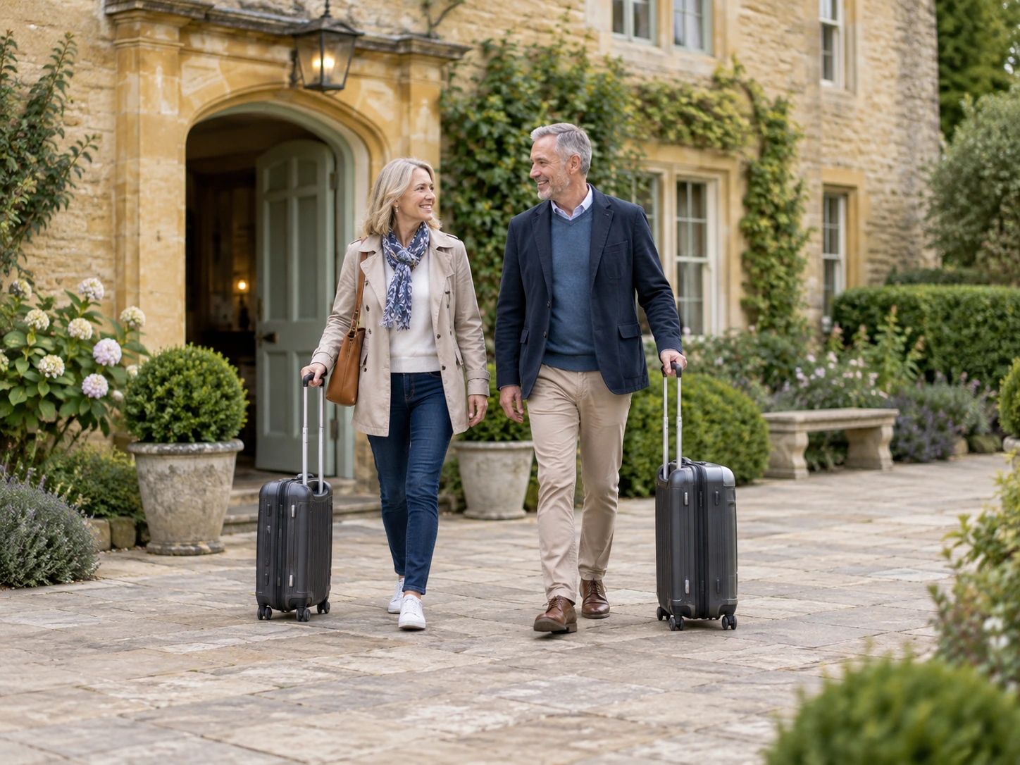 Travellers outside honey-coloured stone accommodation
