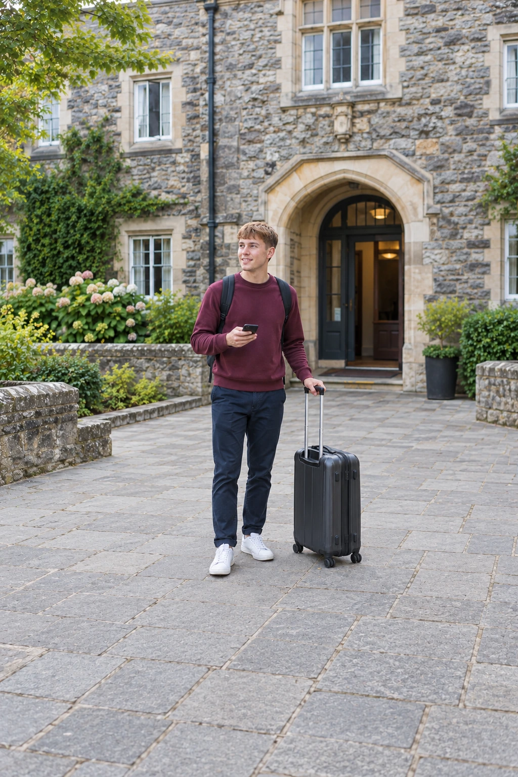 A student with luggage outside stone accommodation
