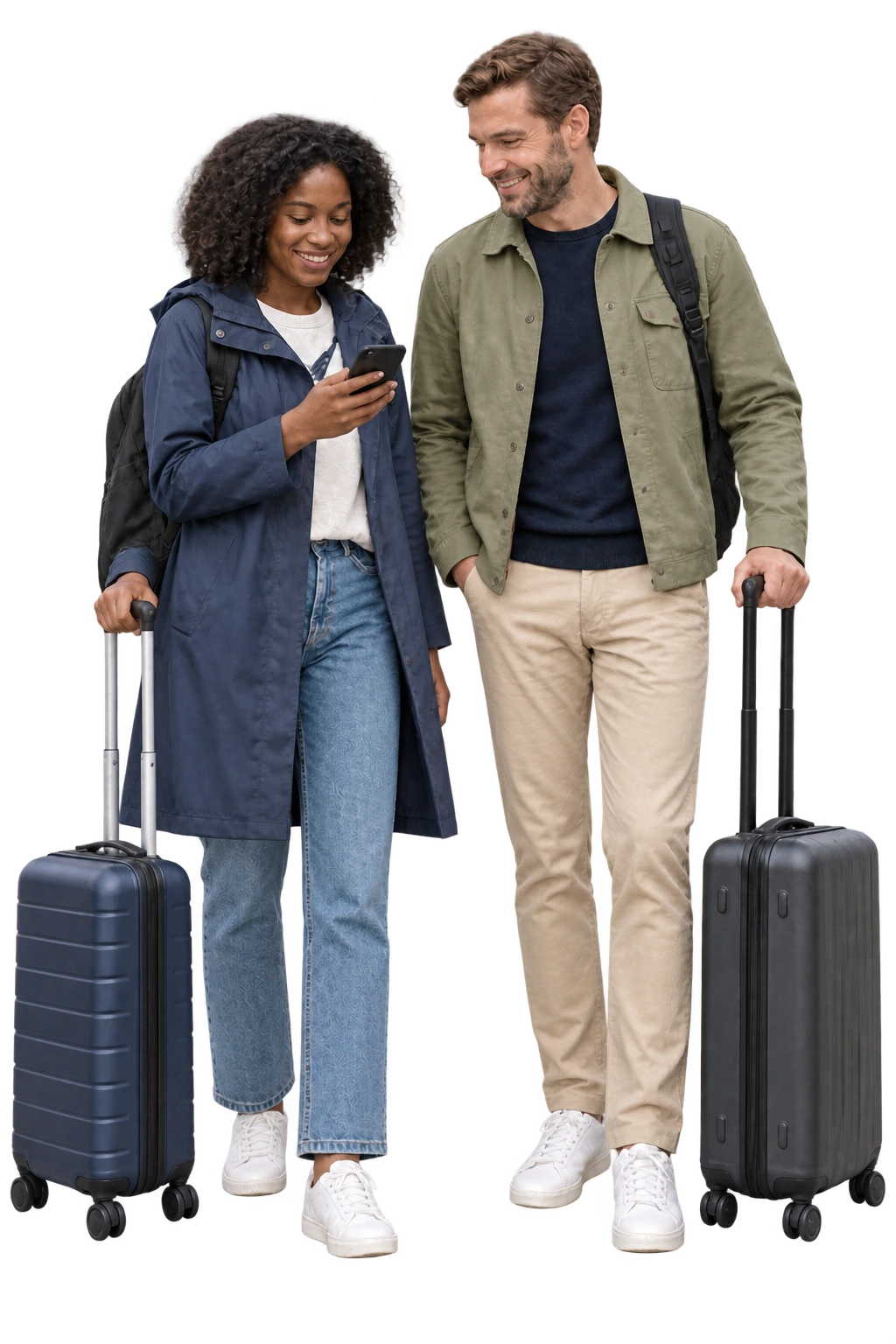 Two travellers with suitcases checking a phone together