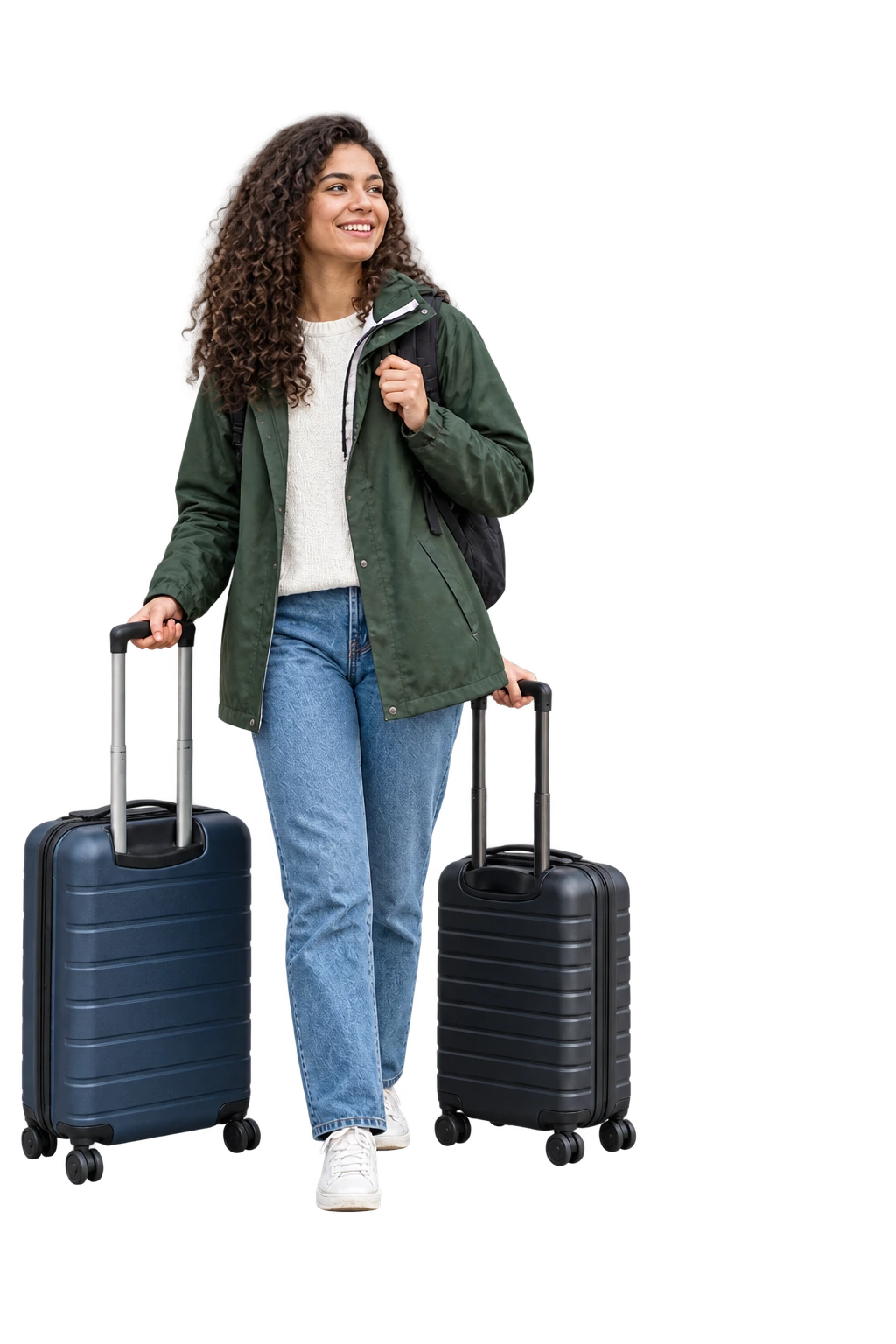 A student with a backpack and two suitcases