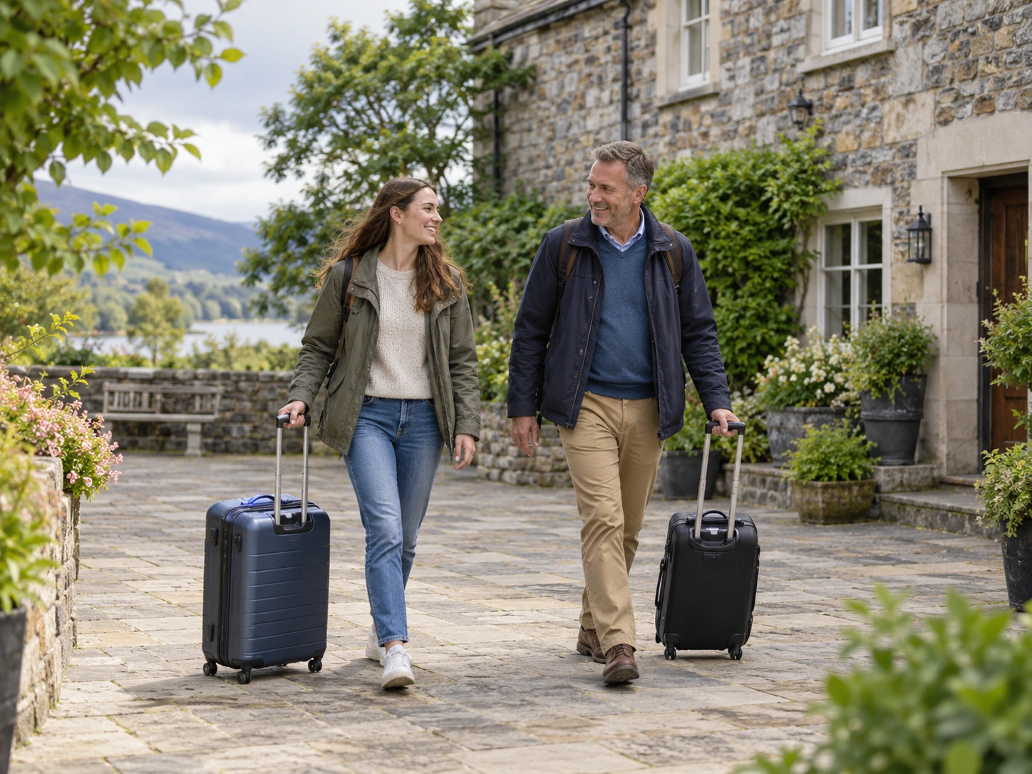 A young traveller and parent outside stone accommodation