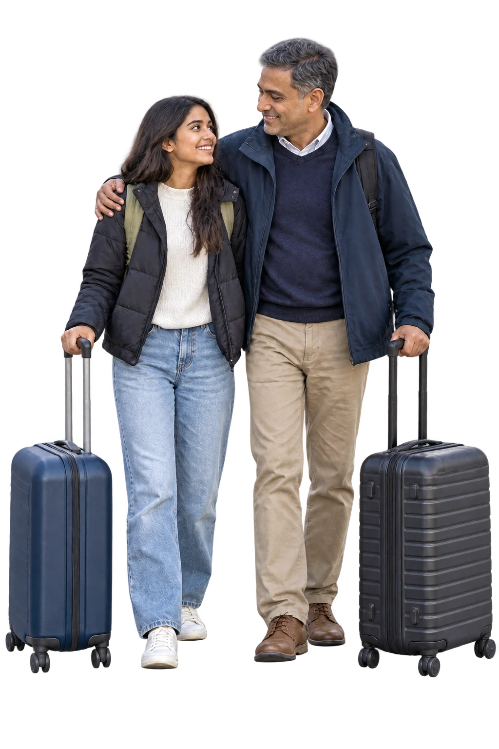 A student and parent standing together with two suitcases