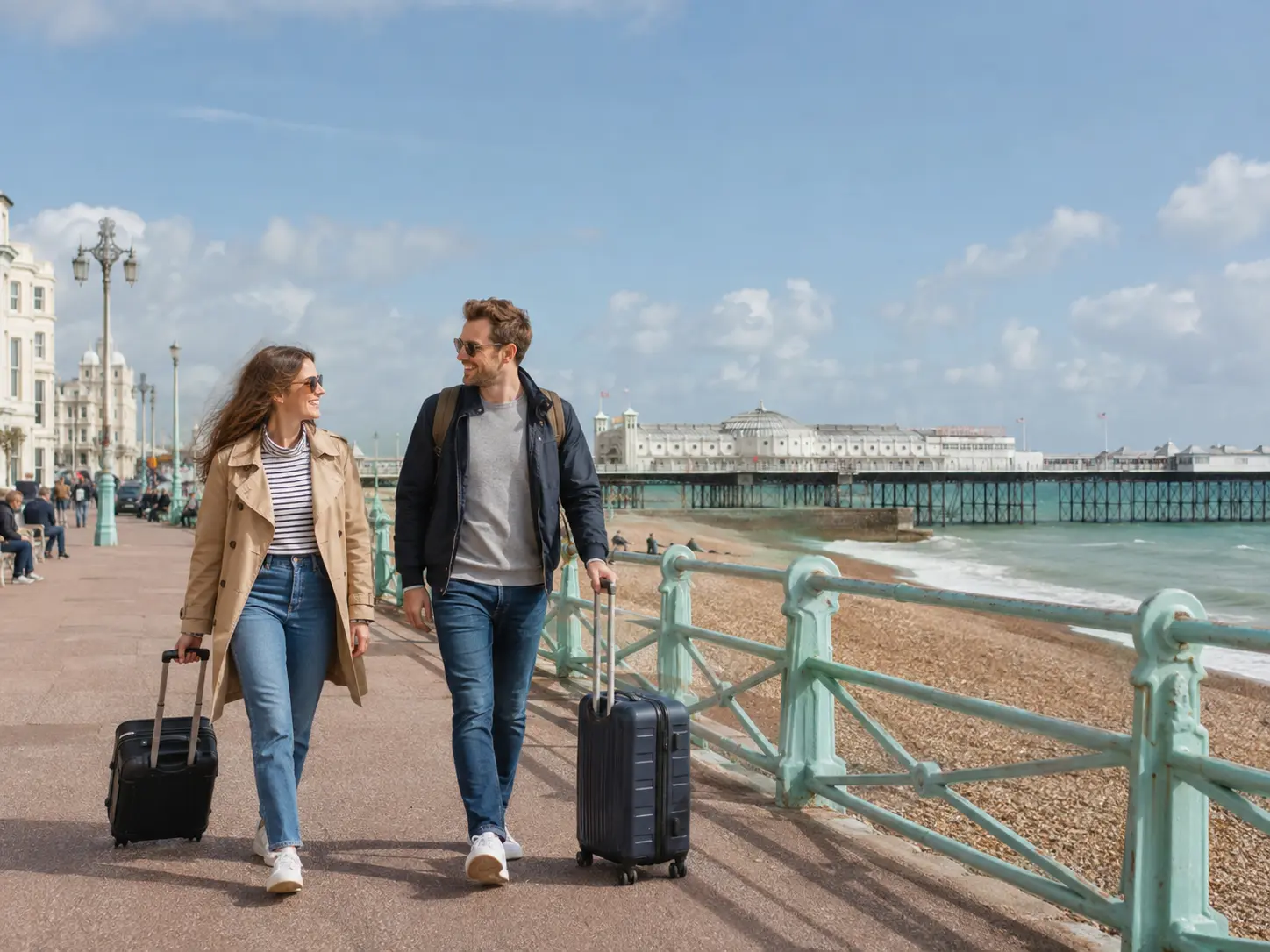 Travellers walking with luggage on Brighton seafront beside the Palace Pier