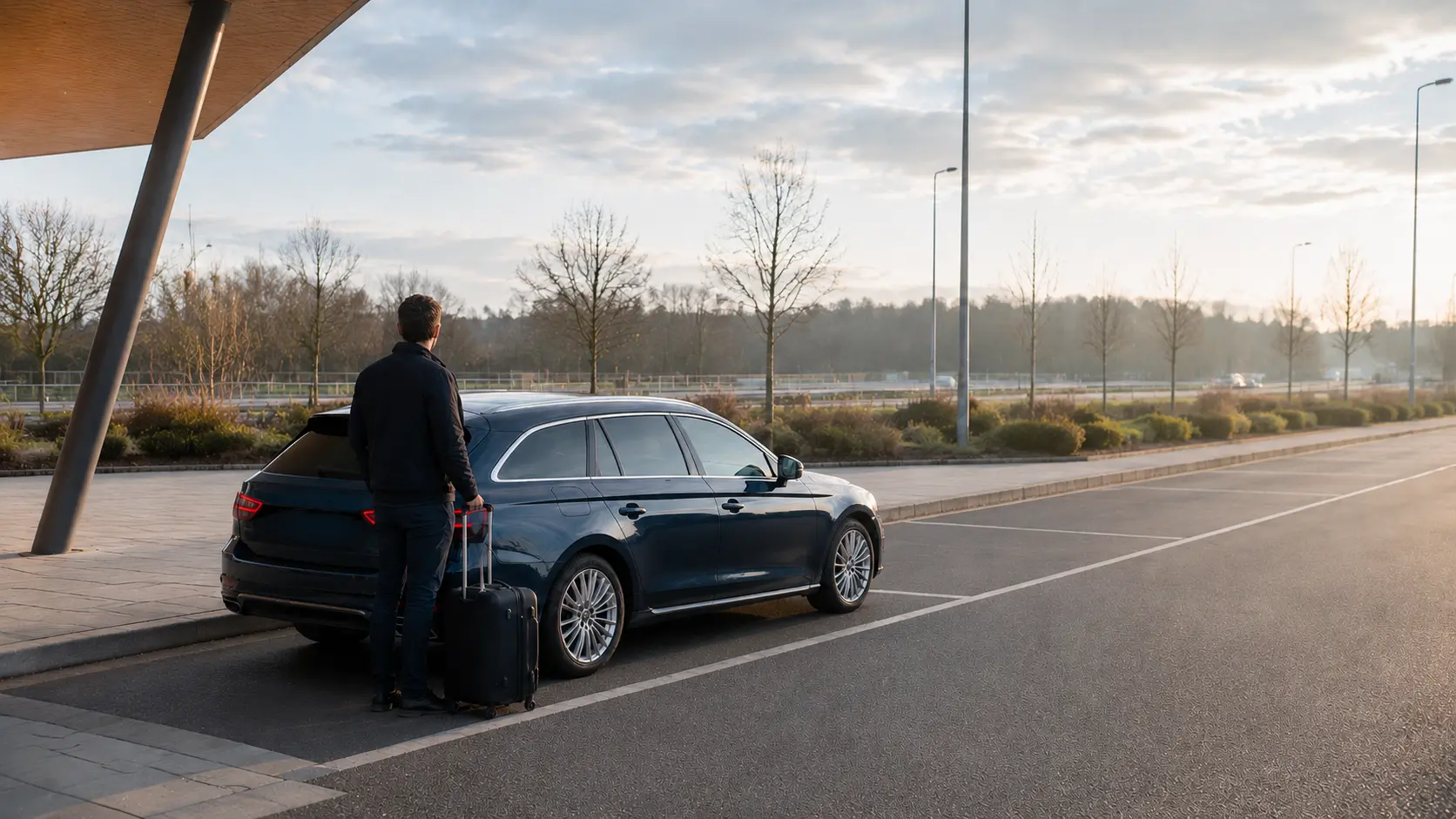 Airport transfer vehicle stopped in a kerbside bay at a UK motorway service area