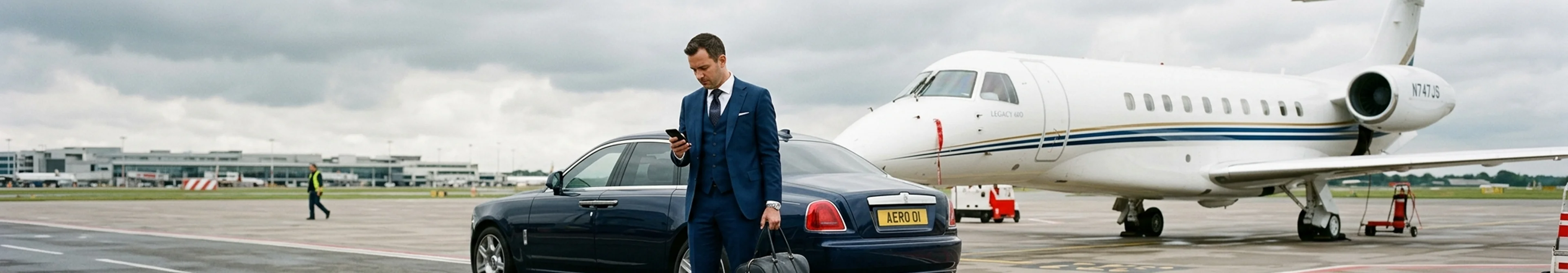 Businessman with a luxury car and private jet on a tarmac.