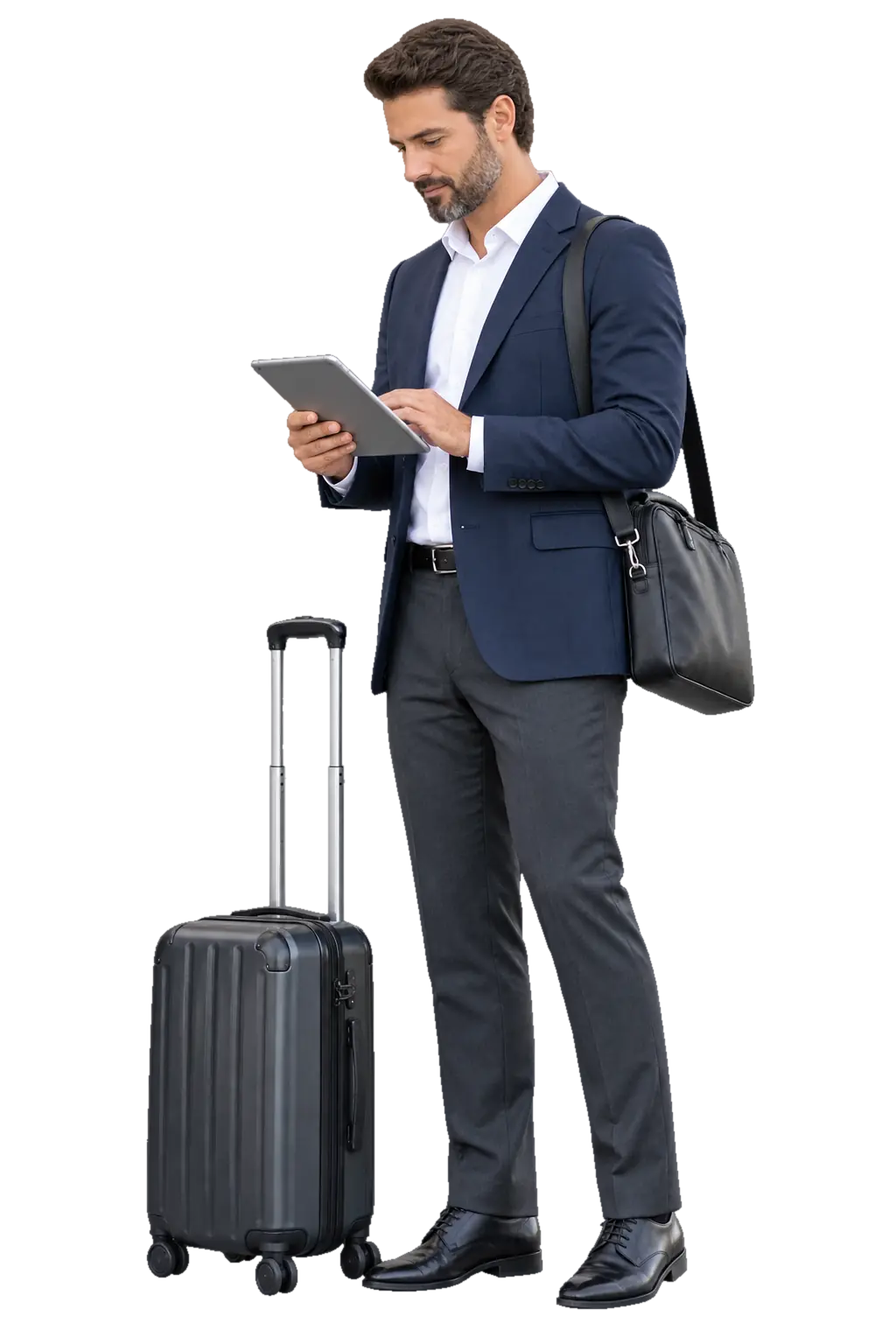 Business traveller using a tablet beside a suitcase