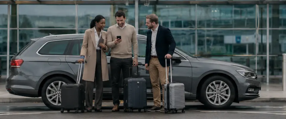 Three business travellers reviewing journey details with suitcases beside a parked estate car at an airport terminal